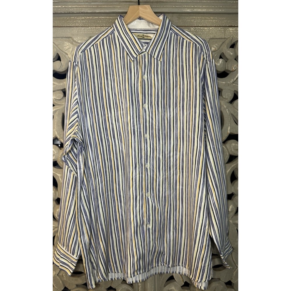 Tommy Bahama 100% Silk Stripe Button Up Shirt Mens XL Blue Yellow Long Sleeve